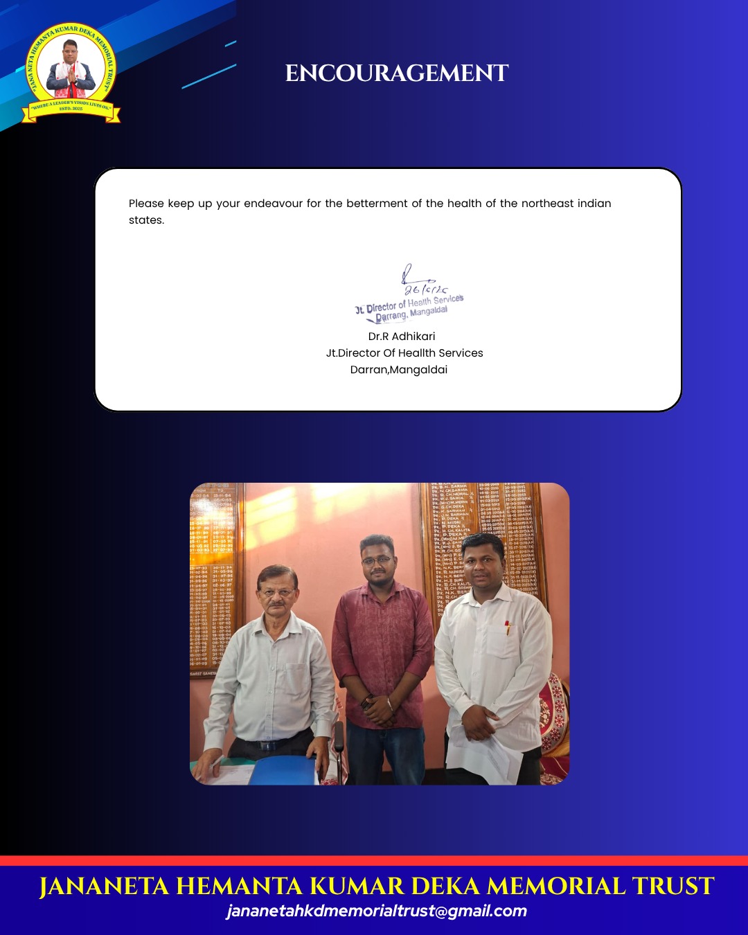 Encouragement note from Dr. R. Adhikari, Jt. Director of Health Services