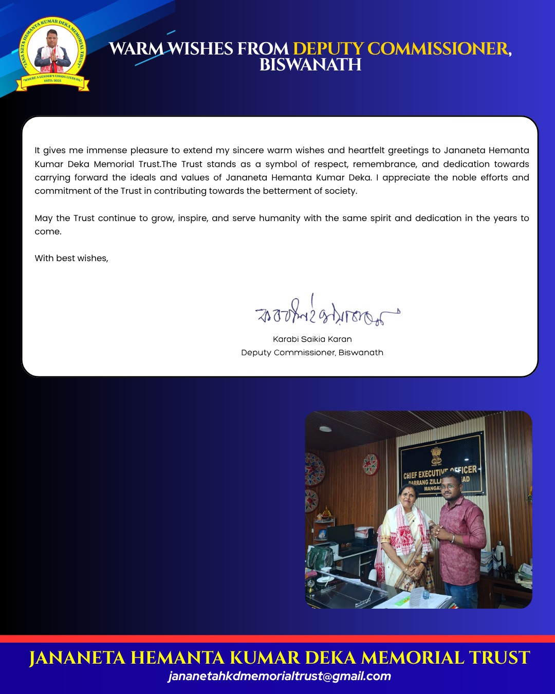 Warm wishes from Karabi Saikia Karan, Deputy Commissioner, Biswanath
