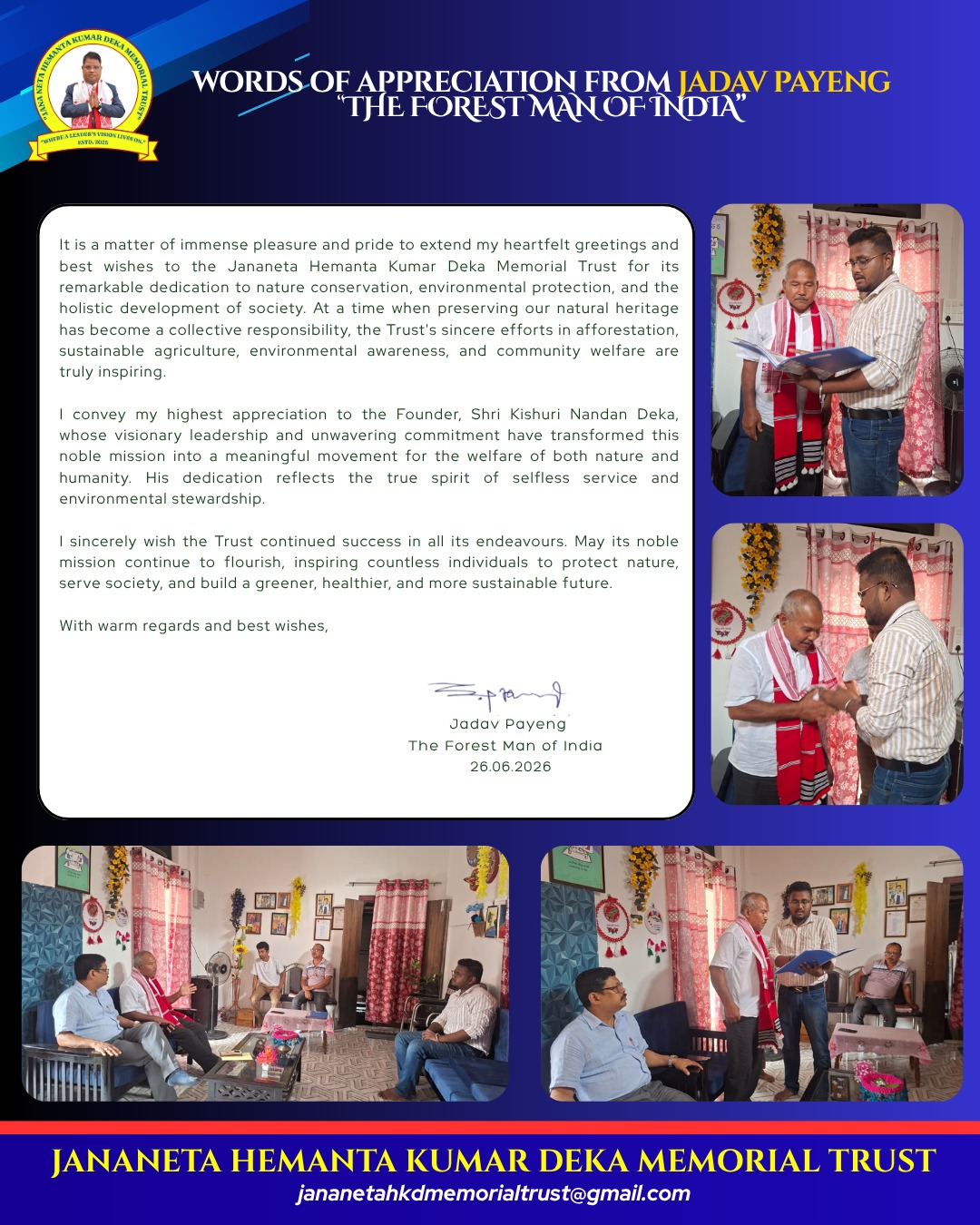 Words of appreciation from Jadav Payeng, the Forest Man of India